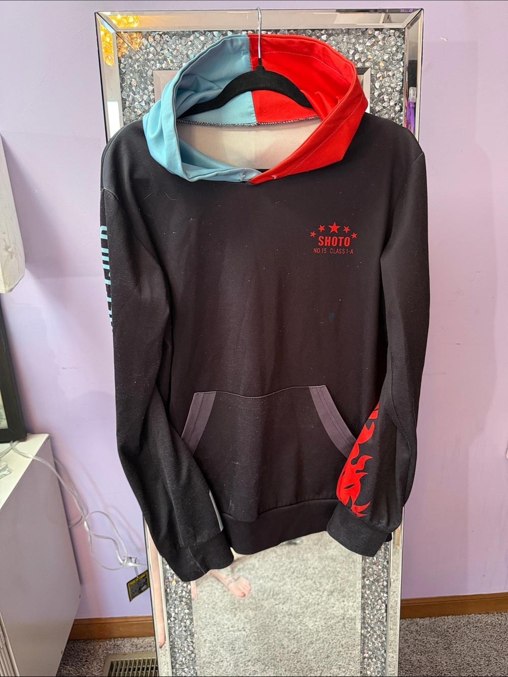 Colorblock Hooded Sweatshirt - Black with Red & Light Blue